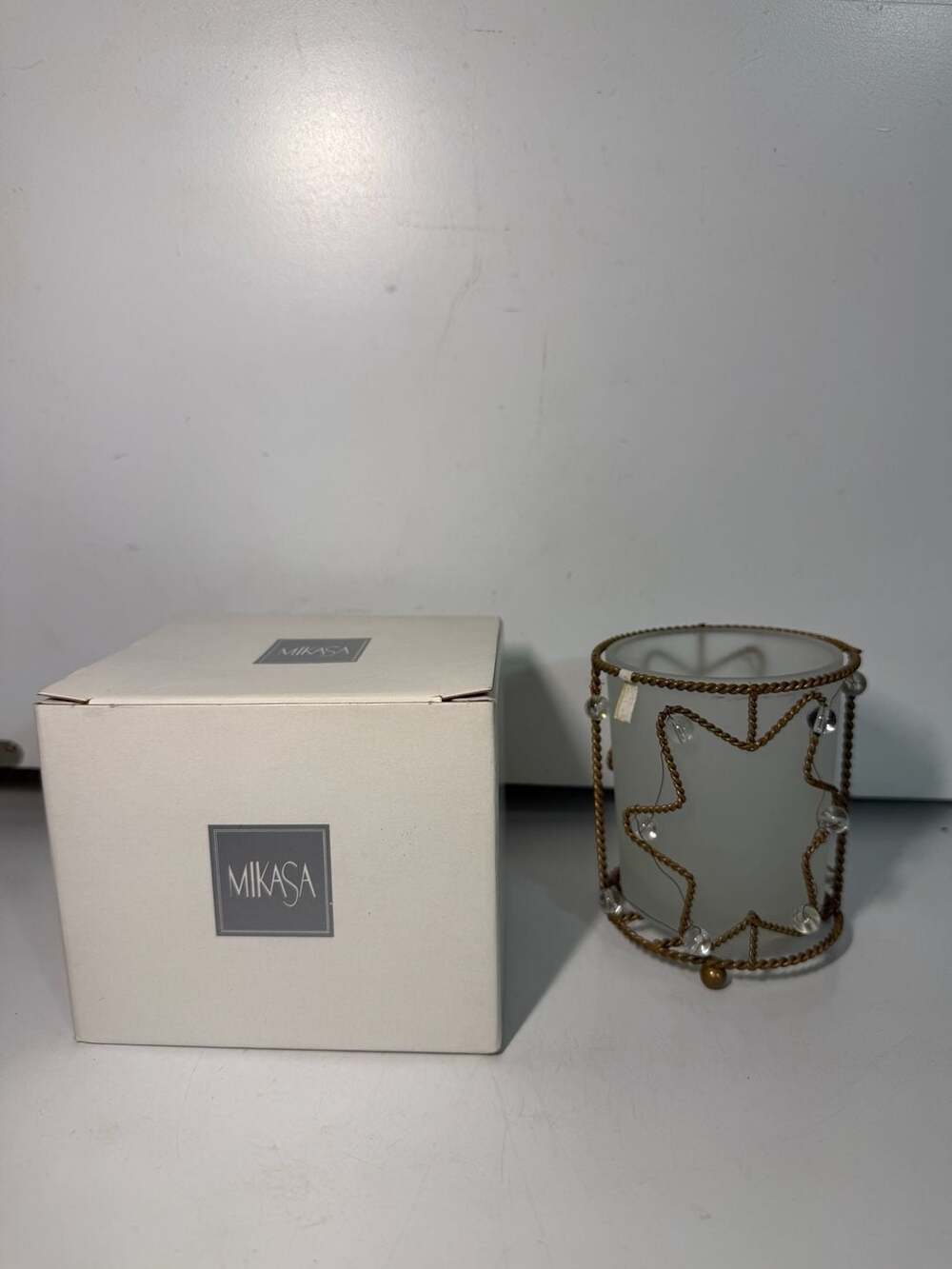 Mikasa Frosted Glass Votive Candle Holder with Decorative Twisted Bronze Wire